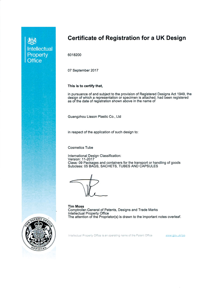 UK DOUBLE ROLLER COSMETIC TUBE CERTIFICATE